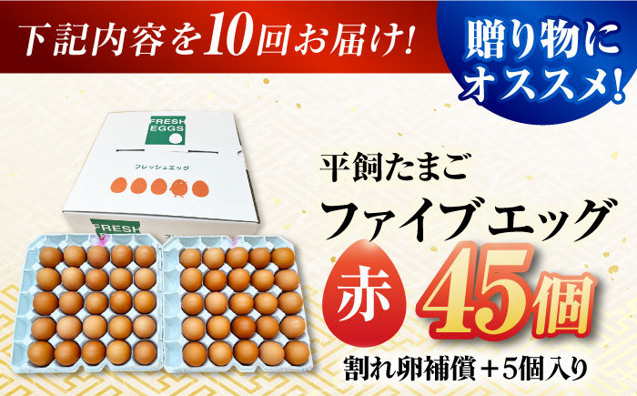 【10回定期便】【箱入り】平飼たまご ファイブエッグ M～Lサイズ 45個 / 5EGG 卵 赤玉子 五島市 / 五島列島大石養鶏場 [PFQ044]
