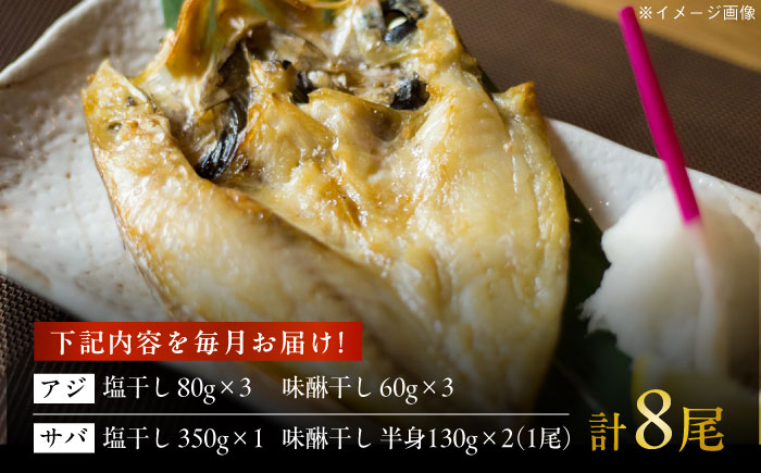 【3回定期便】一夜干し 4種（アジ/サバ）計8尾 五島市/愛情食彩[PCH034]