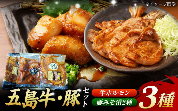 【五島のお肉3種】五島牛ホルモン＆五島豚ロースみそ漬＆五島豚スライスみそ漬 五島市/肉のマルヒサ[PCV010]   冷凍 国産牛 国産豚 ブランド 詰め合わせ