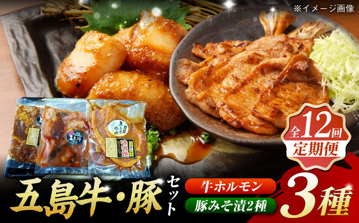 【12回定期便】【五島のお肉3種】五島牛ホルモン＆五島豚ロースみそ漬＆五島豚スライスみそ漬 五島市/肉のマルヒサ[PCV037]