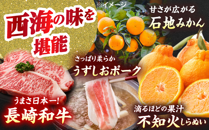 【1月より発送開始】【6回定期便】 お肉 と 果物 ～見つけた！ 西海 の 宝物 定期便 ～ [CZZ018]   長崎県 西海市 長崎和牛 サーロイン さーろいん ステーキ SPF豚 ブランド豚 こま切れ みかん ミカン 不知火 人気 定期便