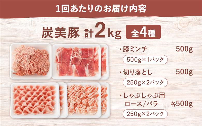 【3回定期便】 西海市産 「炭美豚」 豚肉詰め合わせ バラエティセット　計2kg （4種）＜宮本畜産＞ 豚肉 セット 豚 便利 しゃぶしゃぶ 切り落とし バラ ロース 冷凍 国産 料理 使いやすい 甘い 塊 ブランド豚 ポーク 長崎 西海 [CFA090]