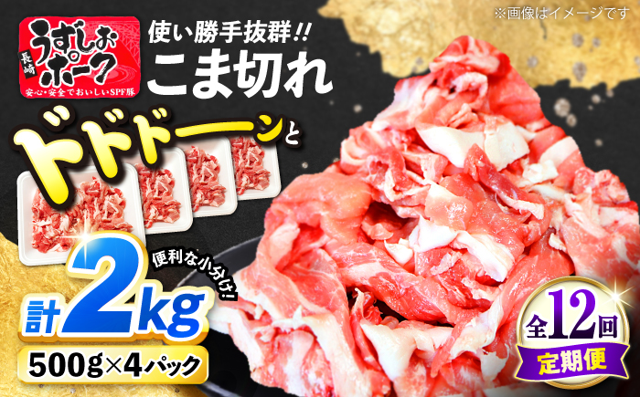 【12回定期便】【使い勝手◎】長崎うずしおポーク こま切れ 計2kg（500g×4P）＜スーパーウエスト＞ [CAG317] 豚肉 国産 SPF豚
