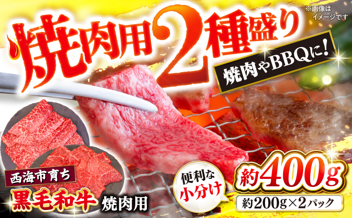 【BBQなどにピッタリ】西海市産 黒毛和牛 焼肉用 2種盛り約400g（約200g×2パック） ＜ミクリヤ畜産＞ [CFD019]