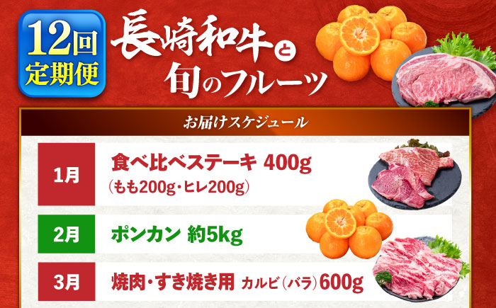 【12回定期便】長崎和牛と旬のフルーツが楽しめる バラエティ定期便 / フルーツ定期便 果物定期便 肉定期便 牛肉 びわ メロン ぶどう みかん / 南島原市 / 贅沢宝庫 [SDZ053]