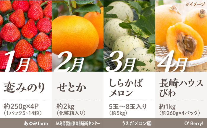 【2026年1月初回発送】【12回定期便】 旬のごちそう巡り Aコース バラエティ定期便 / いちご せとか メロン びわ ローストビーフ ちゃんぽん タルト そうめん アスパラ 芳寿豚 カステラ サーロイン ステーキ / 南島原市 [SZW001]