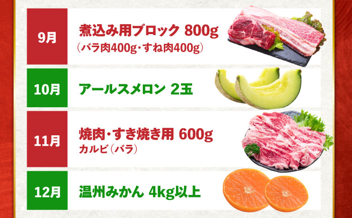 【6回定期便】長崎和牛と旬のフルーツが楽しめる バラエティ定期便 / フルーツ定期便 果物定期便 肉定期便 牛肉 びわ メロン ぶどう みかん / 南島原市 / 贅沢宝庫 [SDZ055]