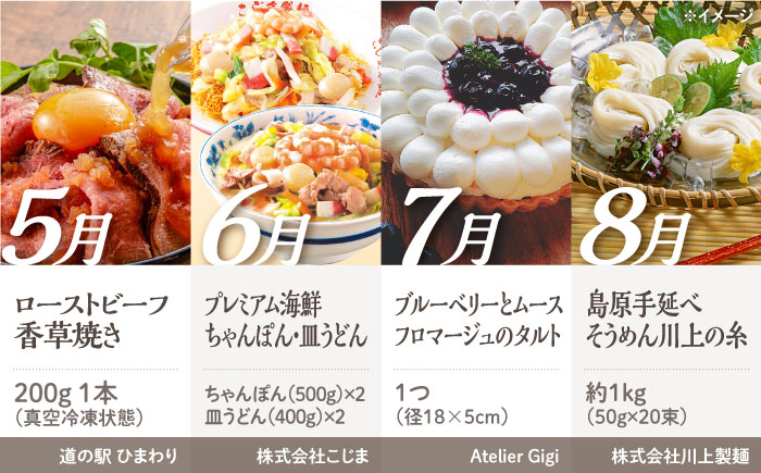 【2026年1月初回発送】【12回定期便】 旬のごちそう巡り Aコース バラエティ定期便 / いちご せとか メロン びわ ローストビーフ ちゃんぽん タルト そうめん アスパラ 芳寿豚 カステラ サーロイン ステーキ / 南島原市 [SZW001]