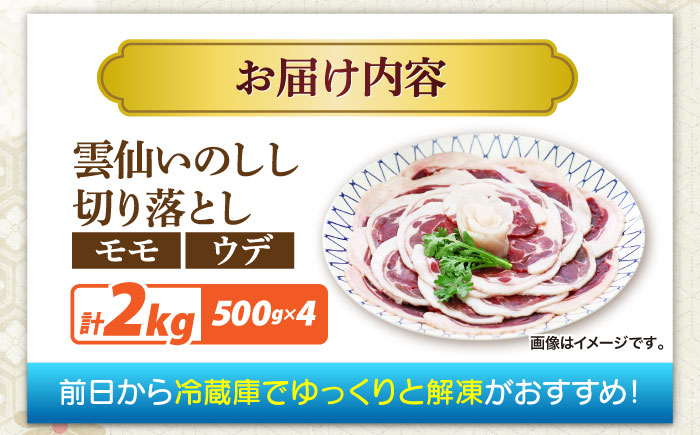 猪肉 切り落とし 2kg 雲仙いのしし モモ ウデ / 肉 イノシシ ジビエ いのしし 焼肉 ぼたん鍋 切り落とし / 南島原市 / 株式会社高田牧場 [SDB016]