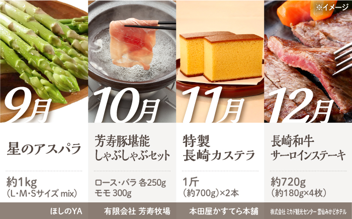 【2026年1月初回発送】【12回定期便】 旬のごちそう巡り Aコース バラエティ定期便 / いちご せとか メロン びわ ローストビーフ ちゃんぽん タルト そうめん アスパラ 芳寿豚 カステラ サーロイン ステーキ / 南島原市 [SZW001]