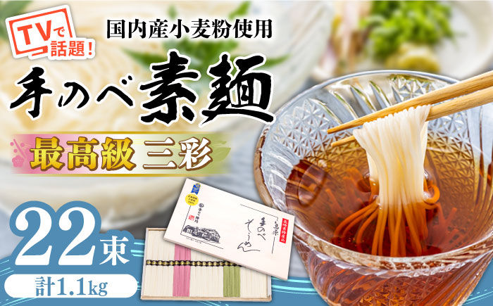 【手のべ陣川】 最高級 島原 手延べ そうめん三彩 1.1kg / MA-30 / 木箱 手延べ 麺 / 南島原市 / ながいけ [SCH014]