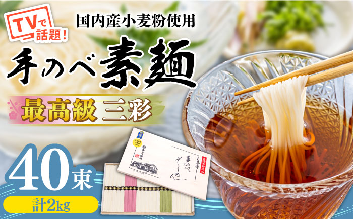 【手のべ陣川】 最高級 島原 手延べ そうめん三彩 2kg / MA-45 / 木箱 手延べ 麺 / 南島原市 / ながいけ [SCH015]