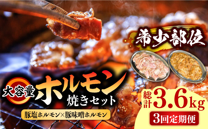 【3回 定期便 】ホルモン 塩焼き・ニンニク味噌焼き 大容量セット 総計3.6kg / ほるもん 肉 豚肉 直腸 豚テッポウ 希少部位 国産 / 南島原市 / はなぶさ [SCN141]