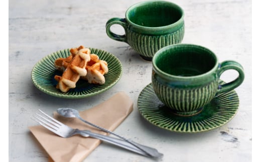 コーヒー陶器 ドリッパー コーヒーポット&ドリッパー8点セット コーヒーカップ3個 ソーサー3個 織部釉 [抱星窯 長崎県 東彼杵町 hs42bag390005] コーヒー 陶器 土物 グリーン 濃緑