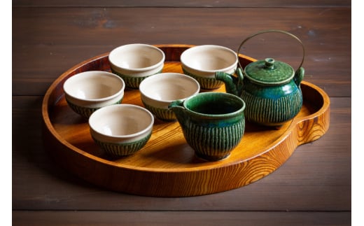 お茶 ティーセット 茶器セット 織部釉 土瓶 湯冷まし(片口) 汲出し湯呑み5個 [抱星窯 長崎県 東彼杵町 hs42bag390000] 急須 土物 茶 湯呑み グリーン 濃緑