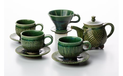 コーヒー陶器 ドリッパー コーヒーポット&ドリッパー8点セット コーヒーカップ3個 ソーサー3個 織部釉 [抱星窯 長崎県 東彼杵町 hs42bag390005] コーヒー 陶器 土物 グリーン 濃緑