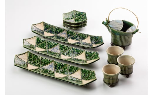 酒器セット 魚皿 酒器&長皿 10点セット ぐい呑 小皿 [抱星窯 長崎県 東彼杵町 hs42bag390006] 魚皿 おちょこ 猪口 小皿 湯呑み 土物 グリーン 濃緑