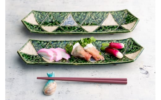 織部 皿 変形六角長皿 ペア 織部釉 [抱星窯 長崎県 東彼杵町 hs42bag390010] 土物 長皿 グリーン 濃緑