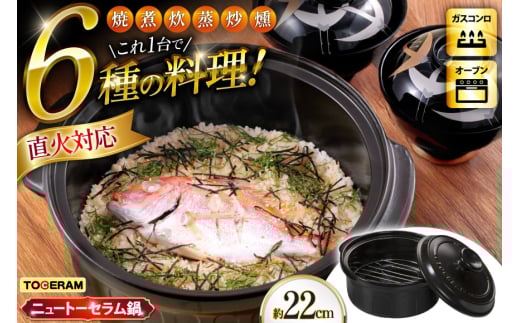 耐熱セラミックス使用 ニュートーセラム鍋 22cm 網付き 焼く 炊く 煮る 蒸す 炒める 燻す [トーセラム 長崎県 東彼杵町 hs42bag480001] 耐熱 直火対応 鍋22cm キッチン用品 日本製