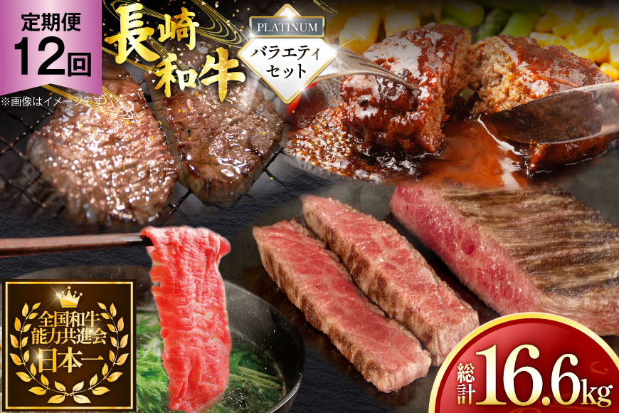 牛肉 和牛 定期便 長崎和牛 バラエティセット「プラチナ」 12回 総計16.6kg [黒牛 長崎県 東彼杵町 hs42bag750083] 牛肉 ローストビーフ ステーキ しゃぶしゃぶ モモ もも ヒレ ヒレ肉 ざぶとん ハンバーグ