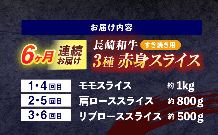 【6回定期便】長崎和牛 すき焼き用赤身スライス (モモ・肩ロース・リブロース)【株式会社 黒牛】[OCE103] / 牛肉 スライス 赤身スライス  国産牛 長崎和牛 牛肉 スライス 赤身スライス 国産牛 長崎和牛
