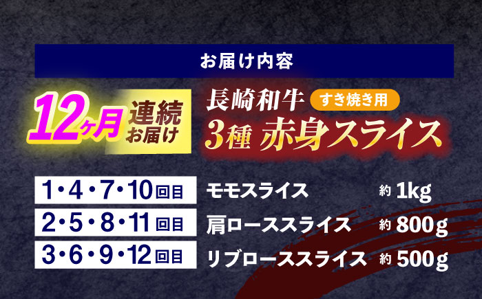 【12回定期便】長崎和牛 すき焼き用赤身スライス (モモ・肩ロース・リブロース)【株式会社 黒牛】[OCE104] / 牛肉 スライス 赤身スライス  国産牛 長崎和牛 牛肉 スライス 赤身スライス 国産牛 長崎和牛