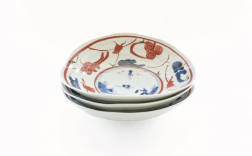 【波佐見焼】楕円皿 大 陶器 食器 3枚セット〈染錦水草魚紋〉直径21cm/陶器 皿 陶磁器 食器 お皿 和柄【ゆい窯】 [OAO005]