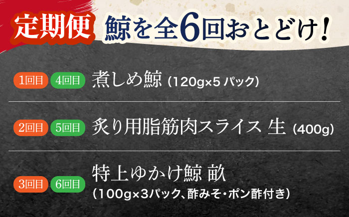 【6回定期便】調理用部位定期便（煮しめ鯨・炙り用脂筋肉スライス・特上ゆかけ鯨（畝）） [OBR019]