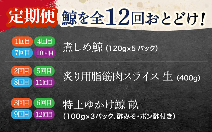 【12回定期便】調理用部位定期便（煮しめ鯨・炙り用脂筋肉スライス・特上ゆかけ鯨（畝）） [OBR020]