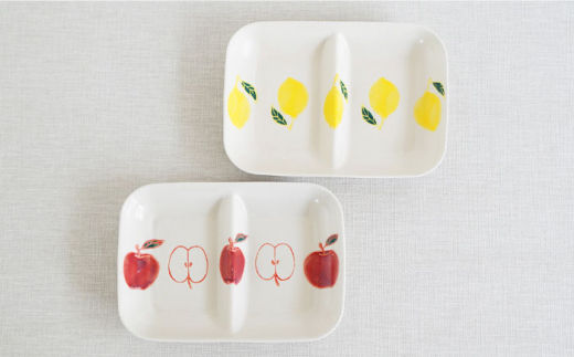 【波佐見焼】 フレッシュアート 角仕切り皿 プレート ＆ 湯呑  各2枚 計4枚〈レモン・りんご〉【菊祥陶器】 [OAQ013]
