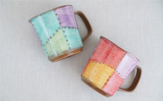 【波佐見焼】パッチング 角高台茶碗 (大) & マグカップ 4点〈ブルー・レッド〉【菊祥陶器】 [OAQ020]