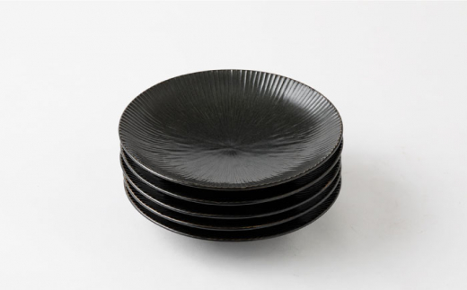 【波佐見焼】陶器 しのぎシリーズ プレート Lサイズ 丸皿大 黒 5枚セット/陶器 皿 陶磁器 食器 お皿 和柄【山下陶苑】 [OAP003]