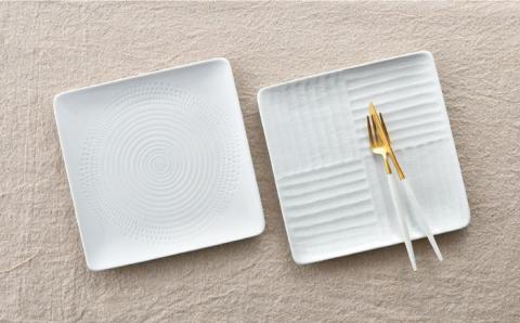 【波佐見焼】白磁手彫 正角 プレート （大）2枚セット【一真窯】 [BB47]