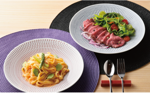 【波佐見焼】糸飛び色染カンナ 24cm プレート ペアセット【一真窯】 [BB06]