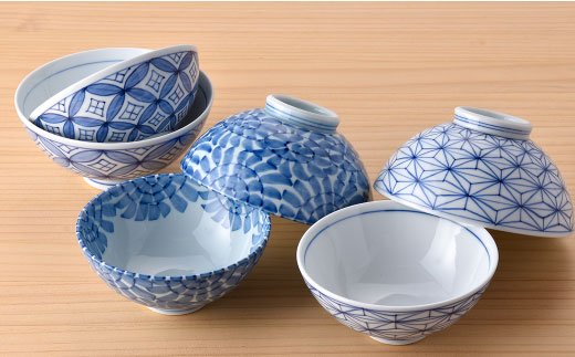 【波佐見焼】七宝・麻の葉・唐草 夫婦 茶碗 3ペア 6個セット 縁起のいい柄シリーズ【大新窯】 [DC28]