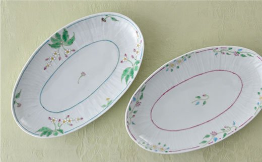 【波佐見焼】草花紋 長楕円皿 ボウル  2枚組み【藍水】 [GB16]