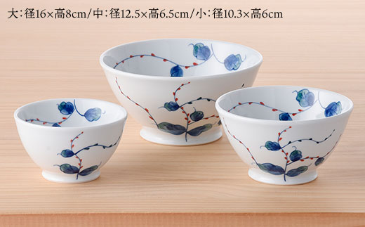 【波佐見焼】使いやすい水引草のぷっくり いれこ碗 茶碗 どんぶり 3点セット【松幸陶芸】 [HB16]