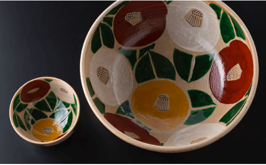 【波佐見焼】魯山人写椿 大鉢 /抹 茶碗 セット（桐箱入） どんぶり ボウル【利左エ門窯】 [QB01]