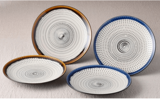 【波佐見焼】黒陶釉彩飛び鉋（かんな） 和ん プレート ４人セット 大皿 食器 陶器【利左エ門窯】 [QB11]