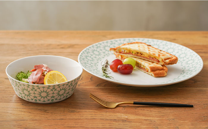 【波佐見焼】センティアカレイド （エメラルド・イエロー） 20cm プレート・浅型ボウル 4点セット【西山】【NISHIYAMAJAPAN】 [CB121]