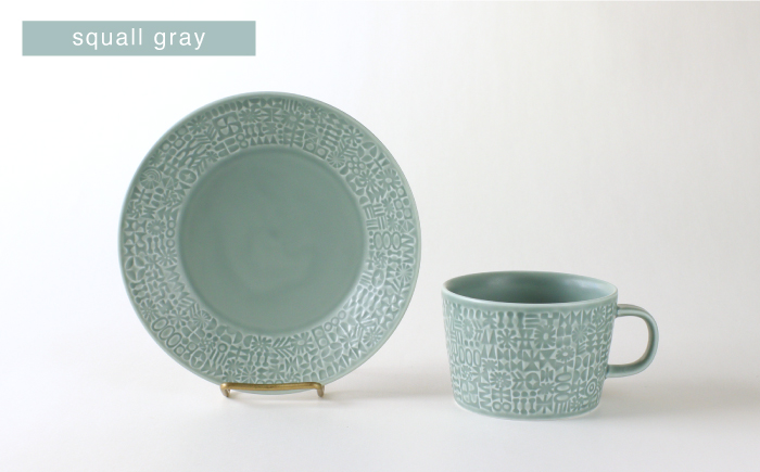 【波佐見焼】PATTERNED PLATE・MUG ペア 4点セット squall gray＋morning mist【BIRDS’ WORDS】 [CF006]