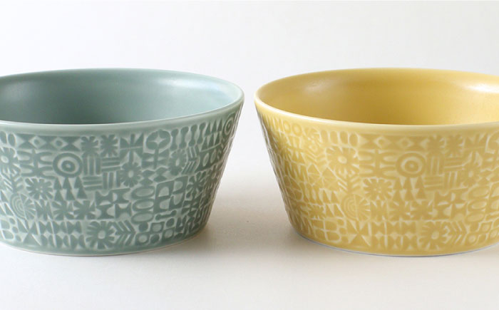 【波佐見焼】PATTERNED BOWL ペア 2点セット squall gray ＋ yellow【BIRDS’ WORDS】 [CF023]