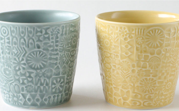 【波佐見焼】PATTERNED CUP ペア 2色セット squall gray ＋yellow【BIRDS’ WORDS】 [CF028]