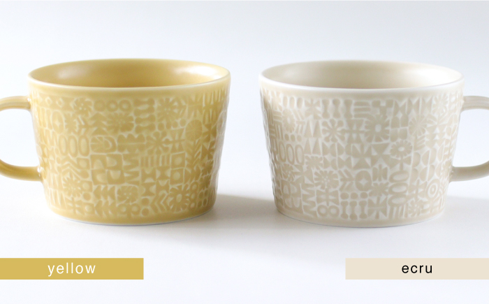 【波佐見焼】PATTERNED MUG ペア2色セット  yellow＋ecru 【BIRDS' WORDS】 [CF044]