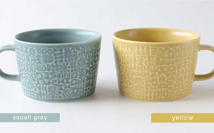【波佐見焼】PATTERNED MUG ペア2色セット  squall gray＋yellow 【BIRDS' WORDS】 [CF052]
