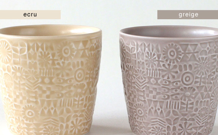 【波佐見焼】PATTERNED CUP ペア2色セット ecru + greige　【BIRDS’ WORDS】 [CF072]