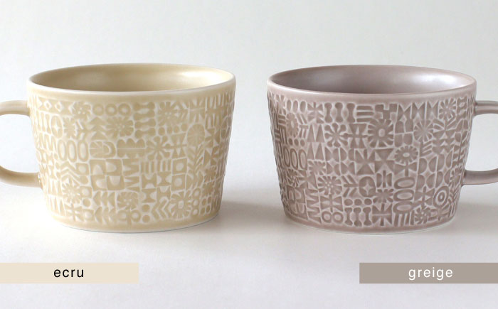【波佐見焼】PATTERNED MUG ペア2色セット  ecru＋greige 【BIRDS’ WORDS】 [CF082]
