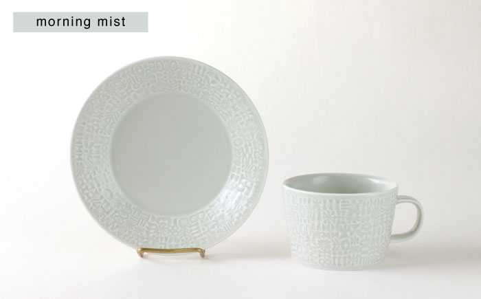 【波佐見焼】PATTERNED PLATE・MUG ペア 4点セット morning mist + antique rose　【BIRDS’ WORDS】 [CF084]