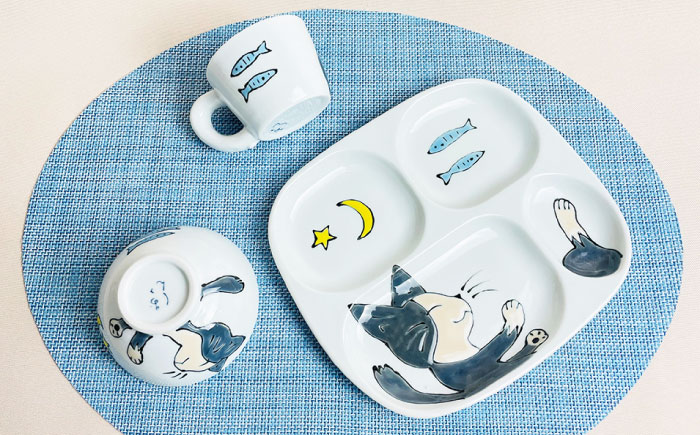 【波佐見焼】ネコチャン 仕切り プレート ミニ マグカップ ミニ 茶わん 3点セット 仕切り皿 子ども食器【大新窯】 [DC119]