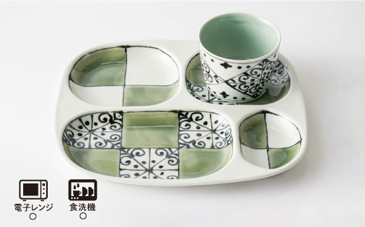 【波佐見焼】おつまみ プレート・ミニカップ ペアセット「市松」 グリーン【大新窯】 [DC54]